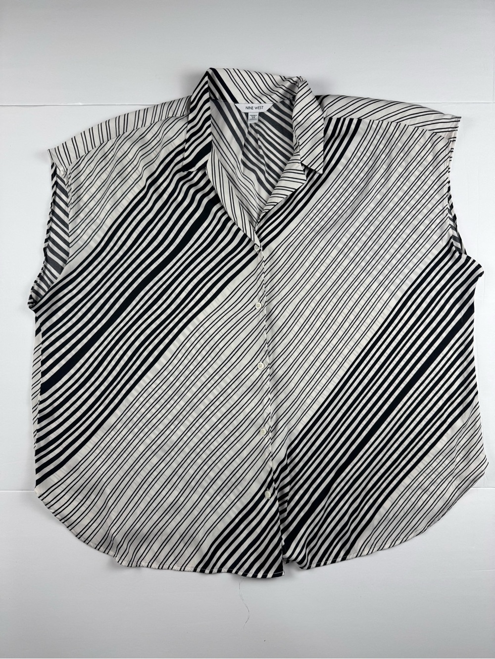 Nine West Black and White Striped sleeveless Blouse with Collar